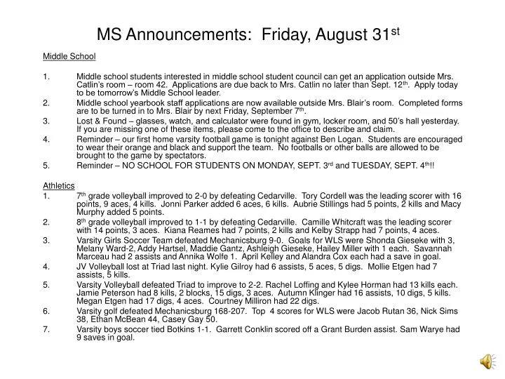 ms announcements friday august 31 st