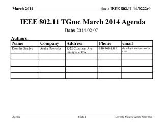 IEEE 802.11 TGmc March 2014 Agenda