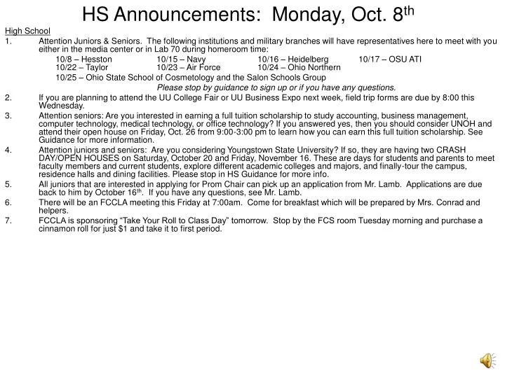 hs announcements monday oct 8 th