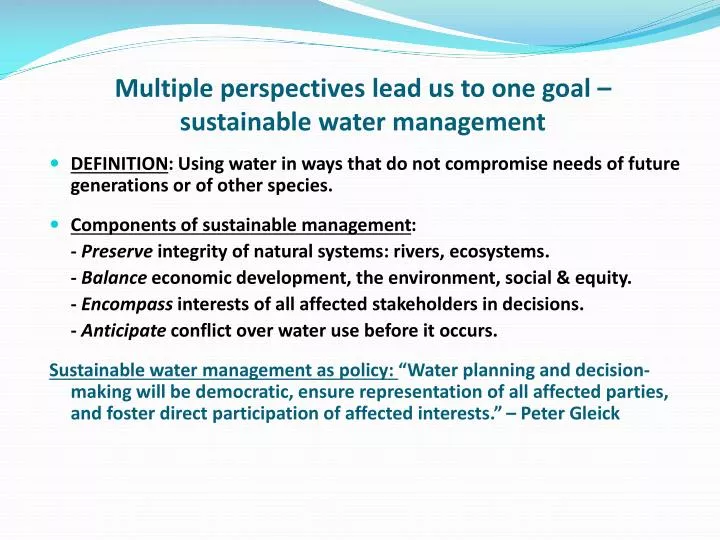 multiple perspectives lead us to one goal sustainable water management