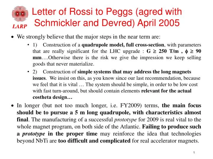 letter of rossi to peggs agred with schmickler and devred april 2005