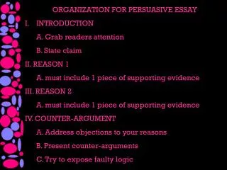 ORGANIZATION FOR PERSUASIVE ESSAY INTRODUCTION 	A. Grab readers attention 	B. State claim