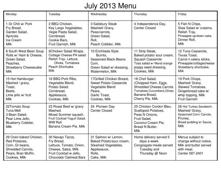 july 2013 menu