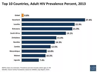 Top 10 Countries, Adult HIV Prevalence Percent, 2013