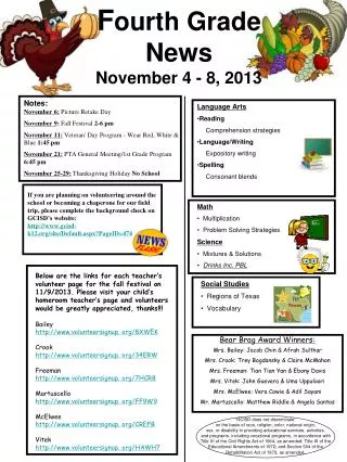 F ourth Grade News November 4 - 8, 2013
