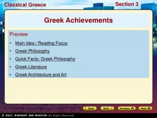 Preview Main Idea / Reading Focus Greek Philosophy Quick Facts: Greek Philosophy Greek Literature