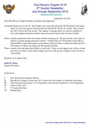 Paul Revere Chapter (PRC), AFA -2013 3 rd Quarter Newsletter