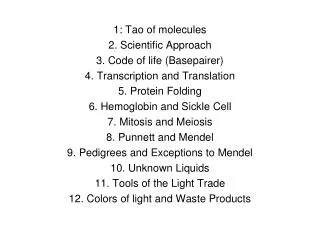 1: Tao of molecules 2. Scientific Approach 3. Code of life ( Basepairer )
