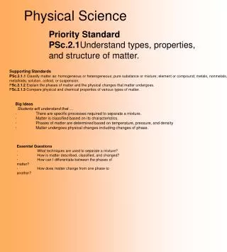 Priority Standard PSc.2.1 Understand types, properties, and structure of matter.?
