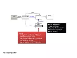 Use to Implement: Input validation Page-Level authorization Session Management Audit Logging