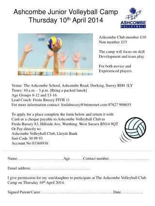 Ashcombe Junior Volleyball Camp Thursday 10 th April 2014