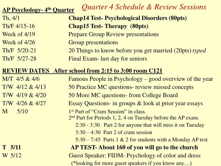 quarter 4 schedule review sessions