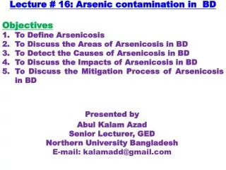 Lecture # 16: Arsenic contamination in BD