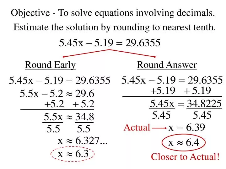 objective to solve equations involving decimals
