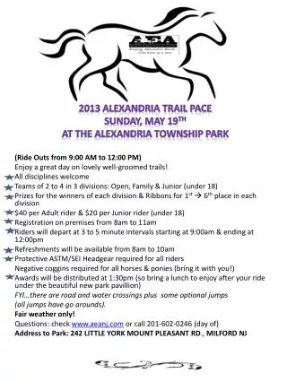 2013 Alexandria Trail Pace Sunday, May 19 th At the Alexandria Township Park