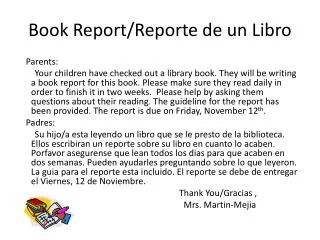 Book Report/ Reporte de un Libro