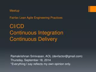 Meetup Fairfax Lean Agile Engineering Practices CI/CD Continuous Integration Continuous Delivery