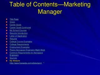 Table of Contents—Marketing Manager