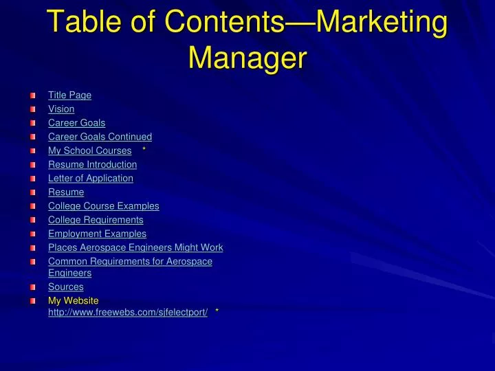 table of contents marketing manager