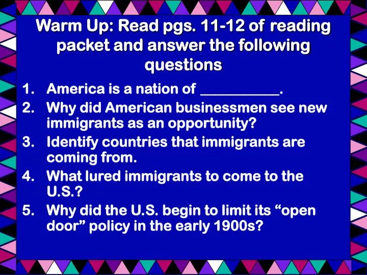 warm up read pgs 11 12 of reading packet and answer the following questions