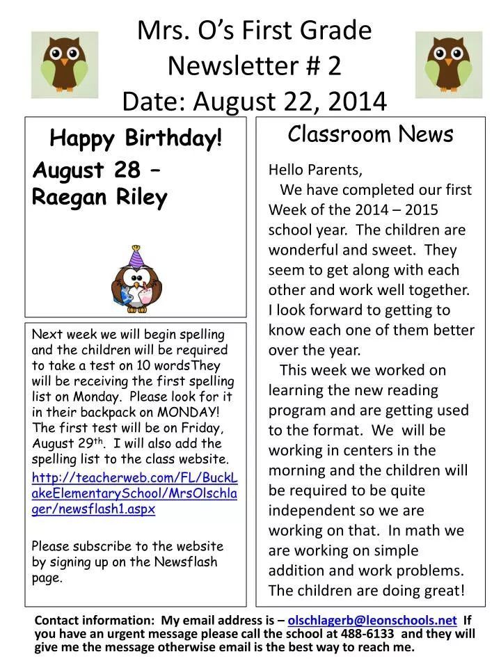 mrs o s first grade newsletter 2 date august 22 2014