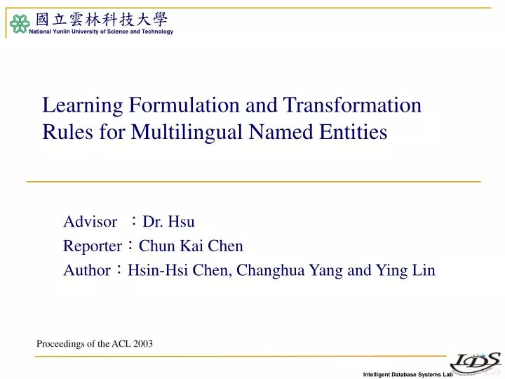 learning formulation and transformation rules for multilingual named entities