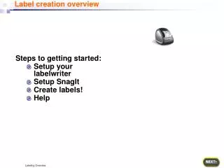 Steps to getting started: Setup your labelwriter Setup SnagIt Create labels! Help