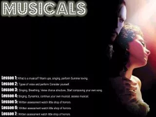 Lesson 1: What is a musical? Warm ups, singing, perform Summer loving.