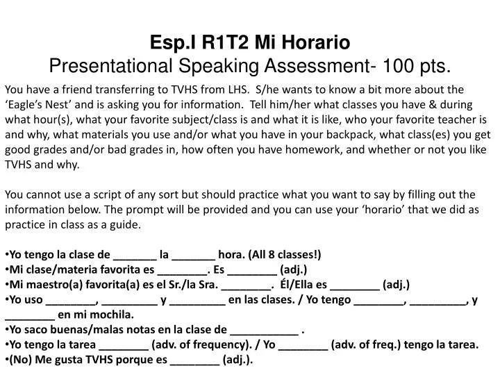 esp i r1t2 mi horario presentational speaking assessment 100 pts
