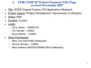 FY08 GIMPAP Project Proposal Title Page revised November 2007