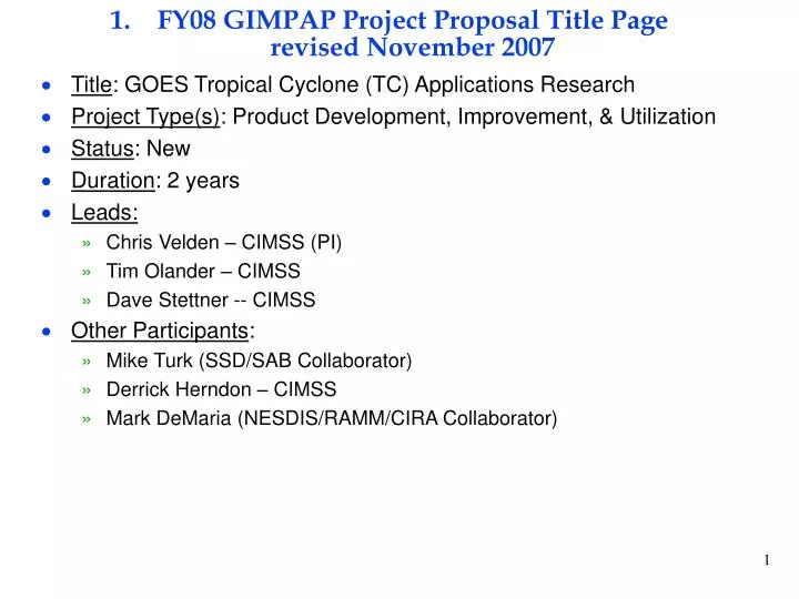 fy08 gimpap project proposal title page revised november 2007