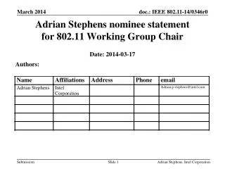 Adrian Stephens nominee statement for 802.11 Working Group Chair