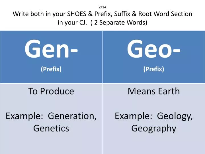 2 14 write both in your shoes prefix suffix root word section in your cj 2 separate words