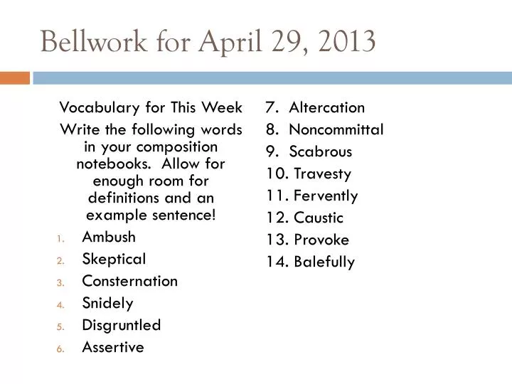bellwork for april 29 2013