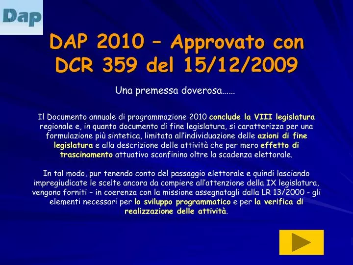 dap 2010 approvato con dcr 359 del 15 12 2009