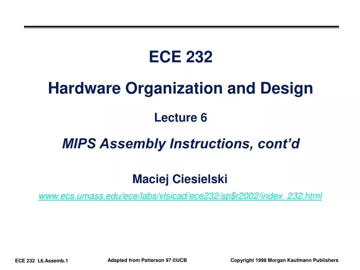 ece 232 hardware organization and design lecture 6 mips assembly instructions cont d