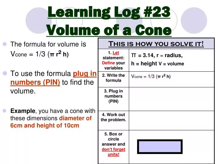 learning log 23 volume of a cone