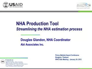 NHA Production Tool Streamlining the NHA estimation process