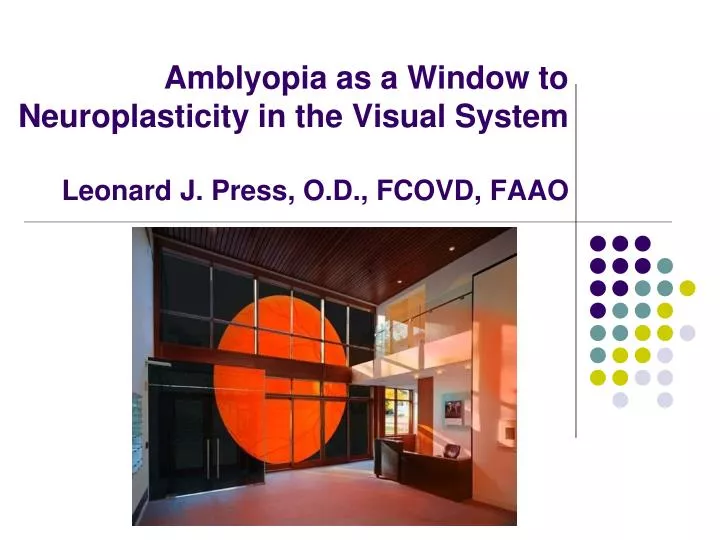 amblyopia as a window to neuroplasticity in the visual system leonard j press o d fcovd faao