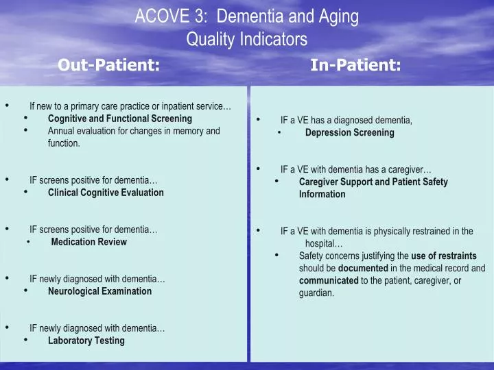 acove 3 dementia and aging quality indicators