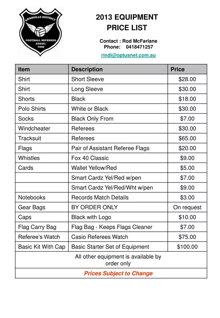 2013 equipment price list