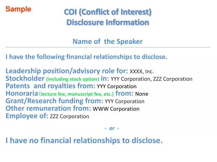 coi conflict of interest disclosure information name of the speaker