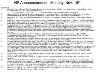 HS Announcements: Monday, Nov. 19 th