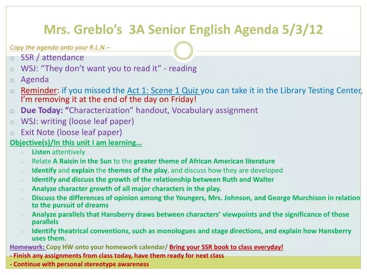 mrs greblo s 3a senior english agenda 5 3 12