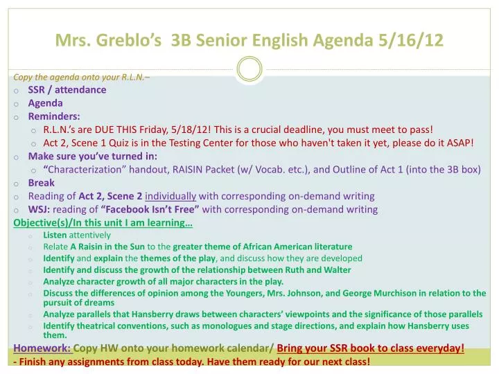 mrs greblo s 3b senior english agenda 5 16 12