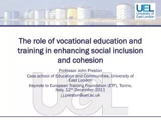 The role of vocational education and training in enhancing social inclusion and cohesion