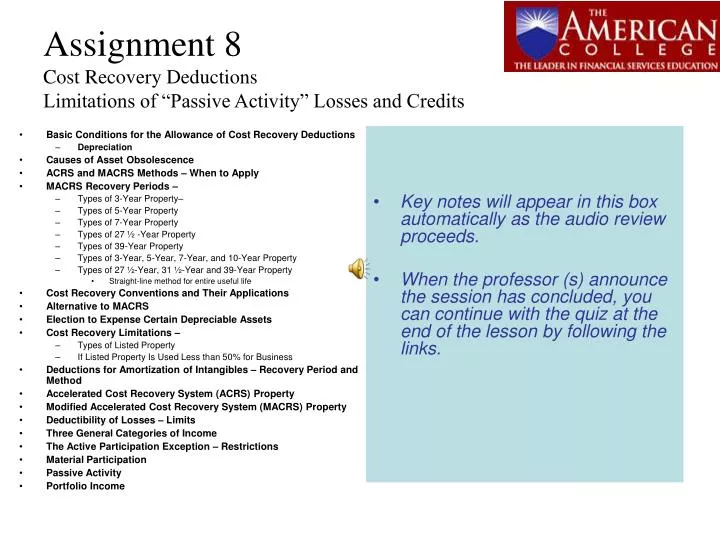 assignment 8 cost recovery deductions limitations of passive activity losses and credits