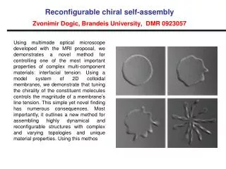 Reconfigurable chiral self-assembly Zvonimir Dogic , Brandeis University, DMR 0923057