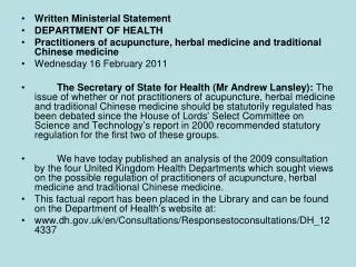 Written Ministerial Statement DEPARTMENT OF HEALTH