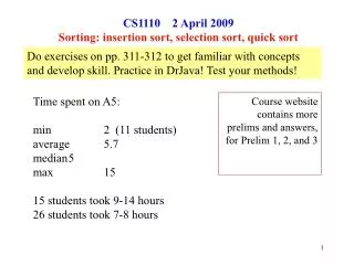 CS1110 2 April 2009 Sorting: insertion sort, selection sort, quick sort